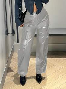 SHEIN ICON 側翻蓋口袋PU皮革工裝褲 - 灰色 - 查看 5