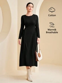 Seusyu Chất rắn Ren Up Side Đầm - màu đen - Xem 1