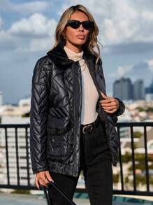 SHEIN Cottnline Borg Collar Zip Up Quilted Coat - Black - View 1