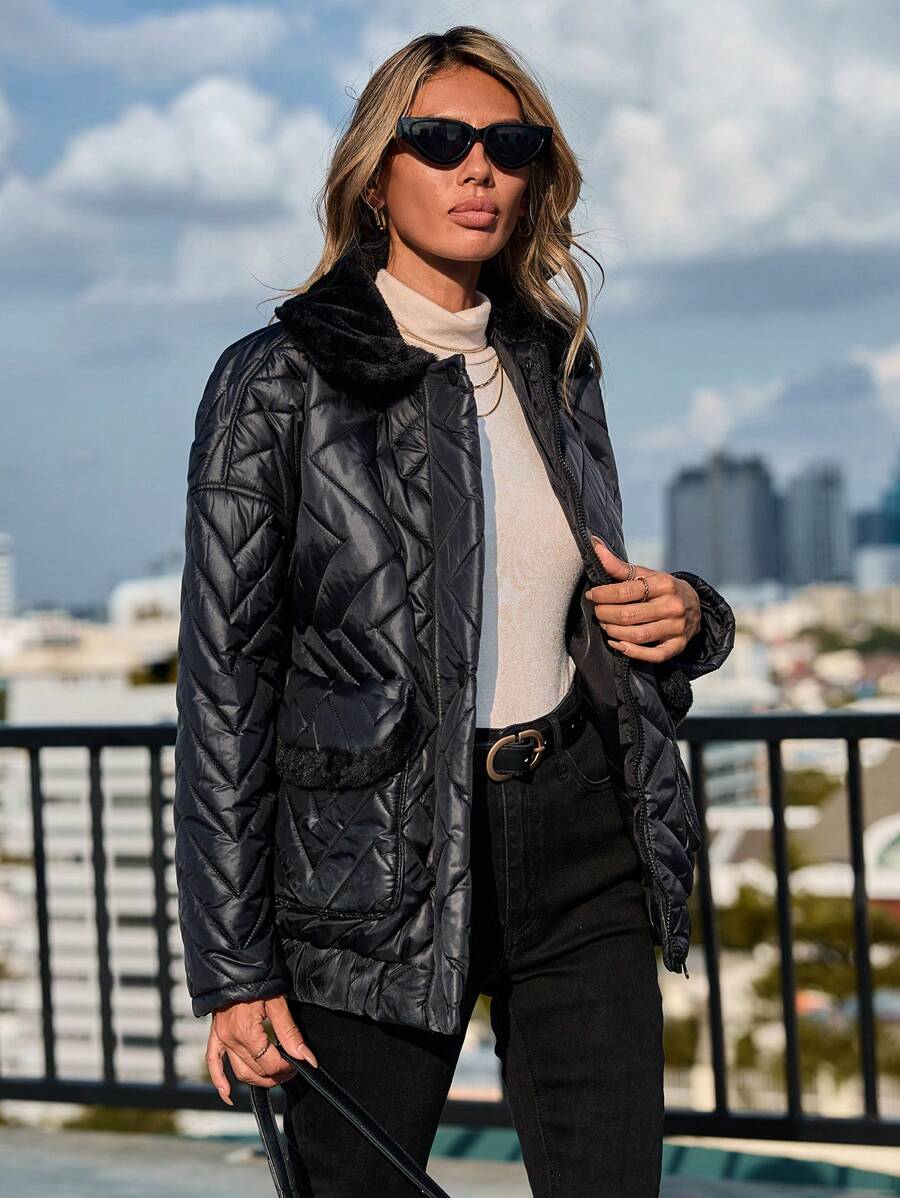 SHEIN Cottnline Borg Collar Zip Up Quilted Coat - Black - View 1