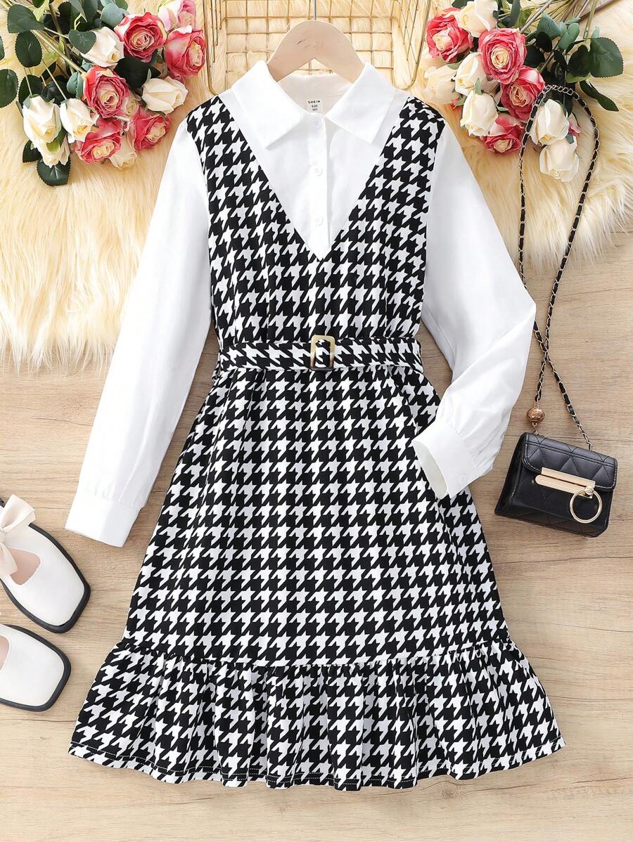 SHEIN Cô gái Tween In Houndstooth Xù Hoa Sen Thắt lưng Váy 2 trong 1 - Đen và trắng - Xem 1