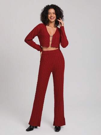 pypercollection Solid Crop Cardigan & Flare Leg Cable Knit Pants