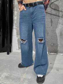 Manfinity LEGND Loose Fit Men's Distressed Wide Leg Denim Jeans Without Belt