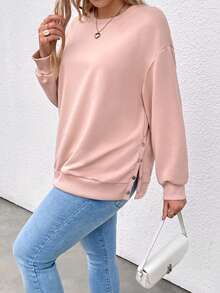 SHEIN LUNE Hơn Chất rắn Thả vai Áo nỉ - Hồng - Xem 4