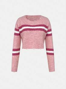 Flirla Striped Pattern Ripped Trim Crop Sweater Knit Pullover Fall Winter Outfit