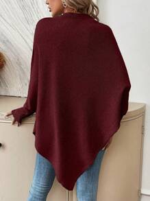SHEIN LUNE Floral Pattern Batwing Sleeve Asymmetrical Hem Poncho Knit Pullover Fall Winter Sweater - Burgundy - View 2