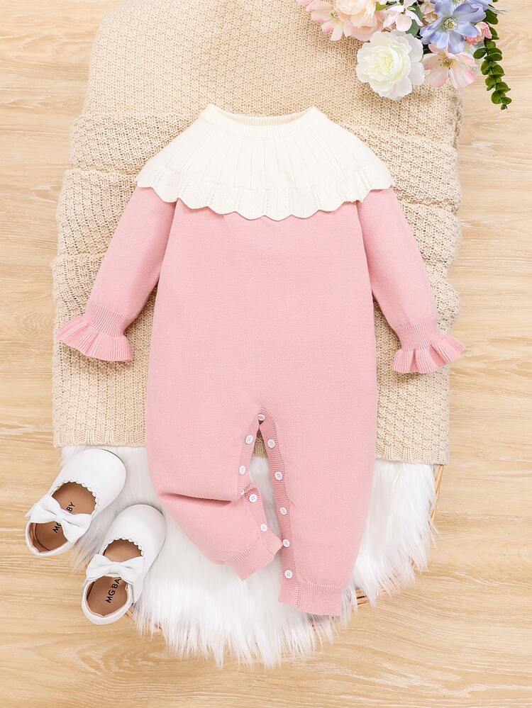 Baby Girl Ruffle Trim Flounce Sleeve Button Detail Jumpsuit