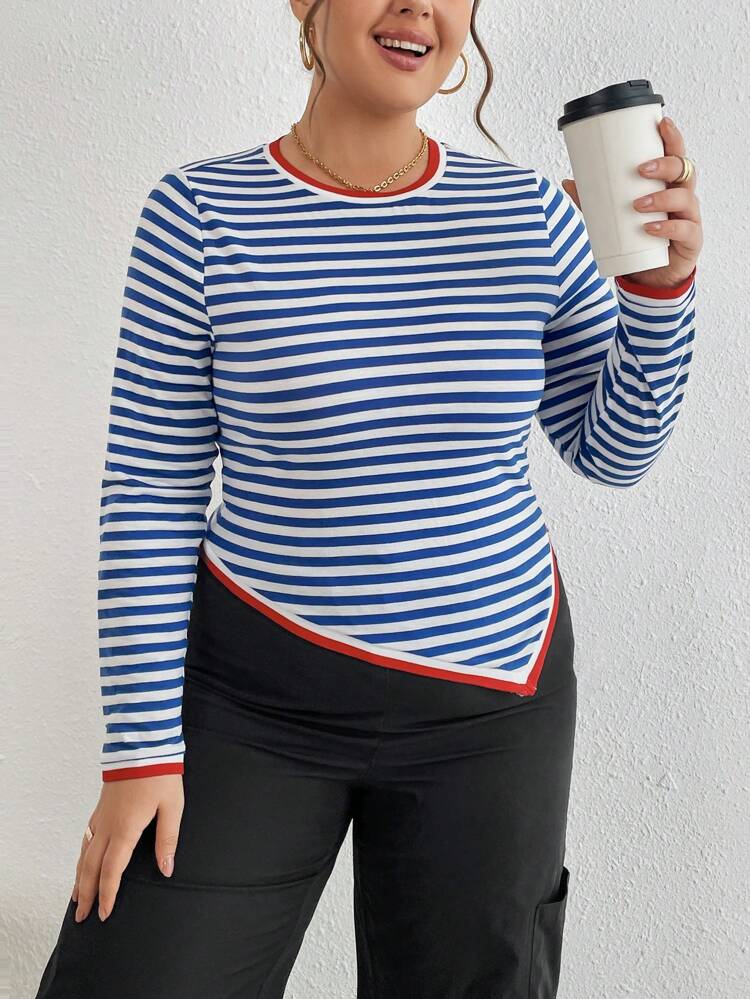 Plus Striped Print Asymmetrical Hem Tee