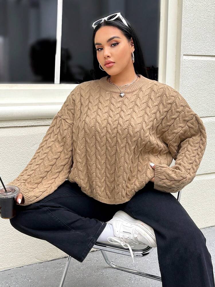 Plus Size Cable Knitted Sweater With Drop Shoulder Design
