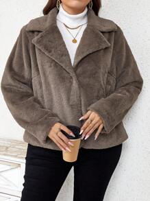 SHEIN LUNE Plus Lapel Neck Slant Pockets Fuzzy Coat In Fall/Winter - Grey - View 3