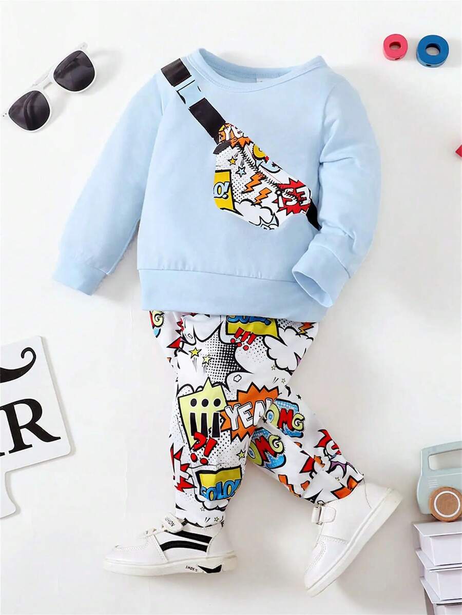 2pcs/set Cute Soft Breathable Printed Sports Sweater And Cartoon Printed Pants Infant Boy's Casual Outfits
