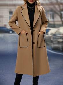 SHEIN Frenchy Contrast Color Rolled Edge Woolen Coat With Double Pockets - Camel - View 6