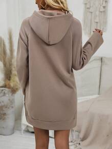 SHEIN LUNE 袋鼠口袋插肩袖抽繩連帽衛衣裙 - 卡其色 - 查看 2