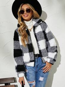 SHEIN Frenchy In kẻ sọc Buffalo Thả vai Flannel Áo khoác - Đen và trắng - Xem 5
