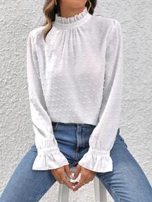 SHEIN Privé Chấm Swiss Lá sen tỉa tay áo lá sen Áo sơ mi - trắng - Xem 6