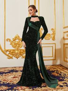 Mock Neck Cut Out Front Sequin Mermaid Dress - Dark Green - View 1