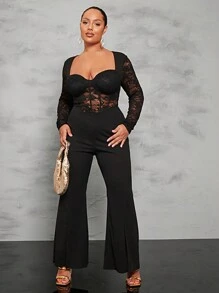 SHEIN BAE Hơn Ren tương phản Cổ Trái tim Chân bùng Áo liền quần - màu đen - Xem 3