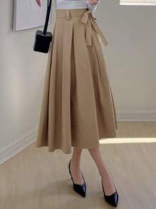 DAZY Solid Belted Flare Skirt - Khaki - View 1