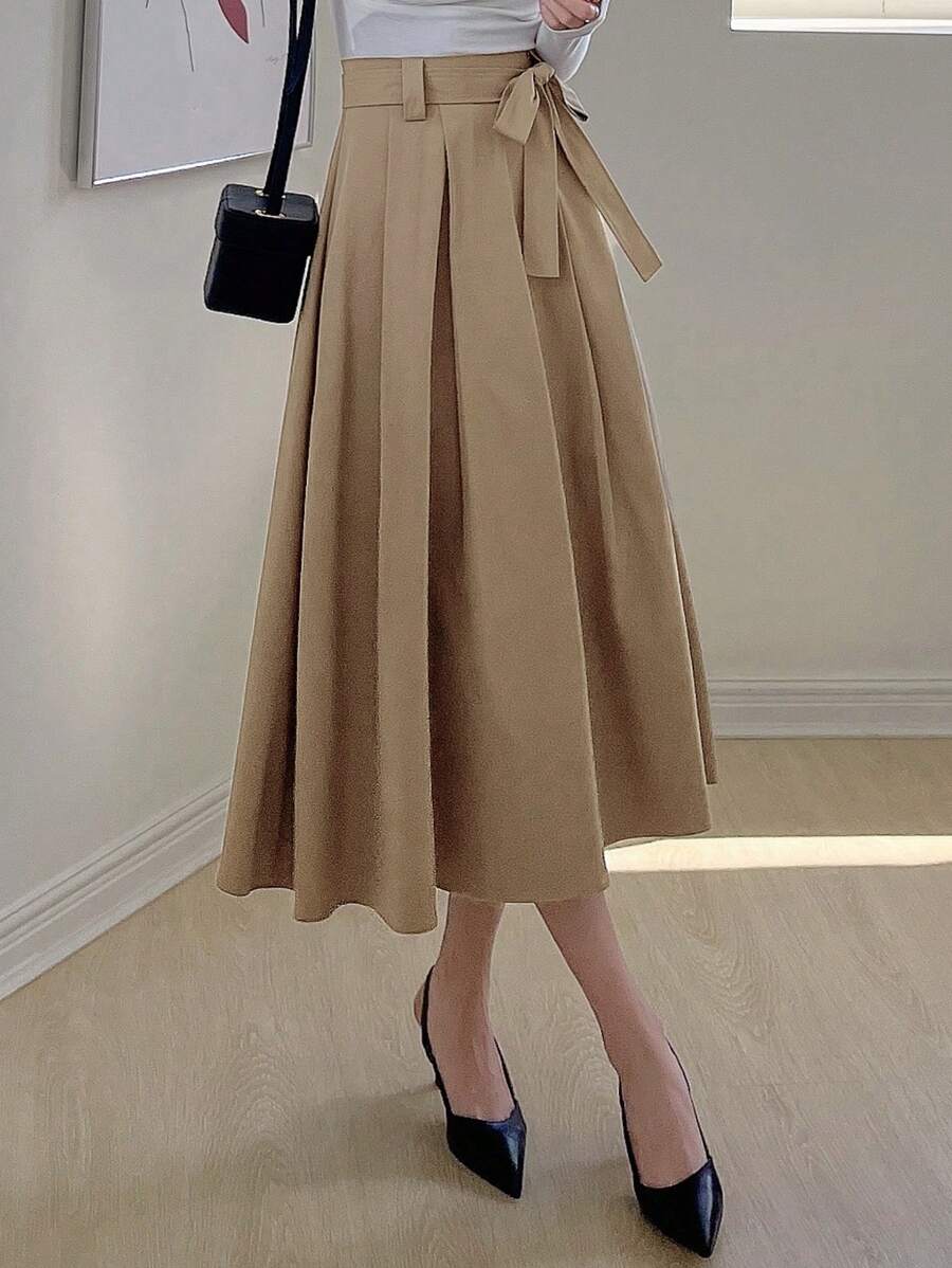 DAZY Solid Belted Flare Skirt - Khaki - View 1