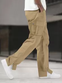 Manfinity Homme 男士宽松工装裤，带翻盖口袋，侧抽绳腰部，纯色长款度假直筒抽绳裤，适合丈夫、男朋友的礼物，适合秋季 - 卡其色 - 查看 6