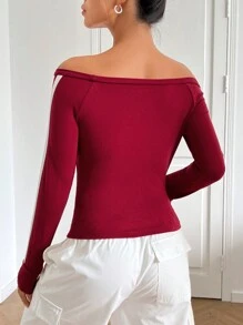 SHEIN EZwear Off Shoulder Tương phản Đường may bên Áo phông Crop - Đỏ - Xem 2