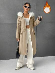 SHEIN EZwear 腰部抽繩毛茸邊連帽外套 - 駝色 - 查看 1