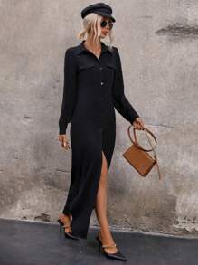 SHEIN LUNE 翻蓋口袋前紐扣襯衫洋裝 - 黑色 - 查看 6