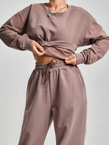 EURMUSE Juego De Dos Piezas De Top Y Pantalones Con Color Sólido Para Mujer - Caqui - Ver 4