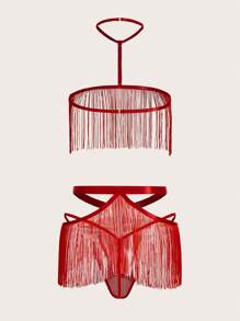 Fringe Hem Lingerie Set For Rave - Red - View 2