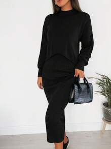 EURMUSE Drop Shoulder Asymmetrical Hem Sweater & Knit Skirt - Hitam - View 4