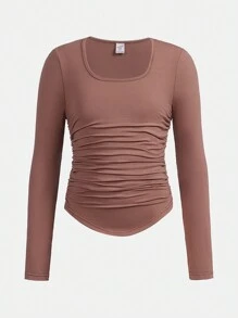 SHEIN Teenager Mädchen Gestricktes, einfarbiges, plissiertes T-Shirt mit quadratischem Ausschnitt, 2 teiliges Set