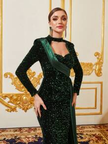 Mock Neck Cut Out Front Sequin Mermaid Dress - Dark Green - View 3