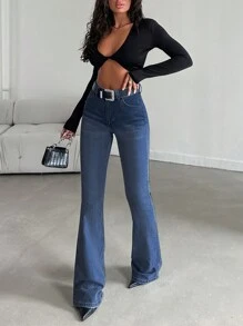 RueChic Casual Washed Flare Leg Jeans - Medium Wash - View 4