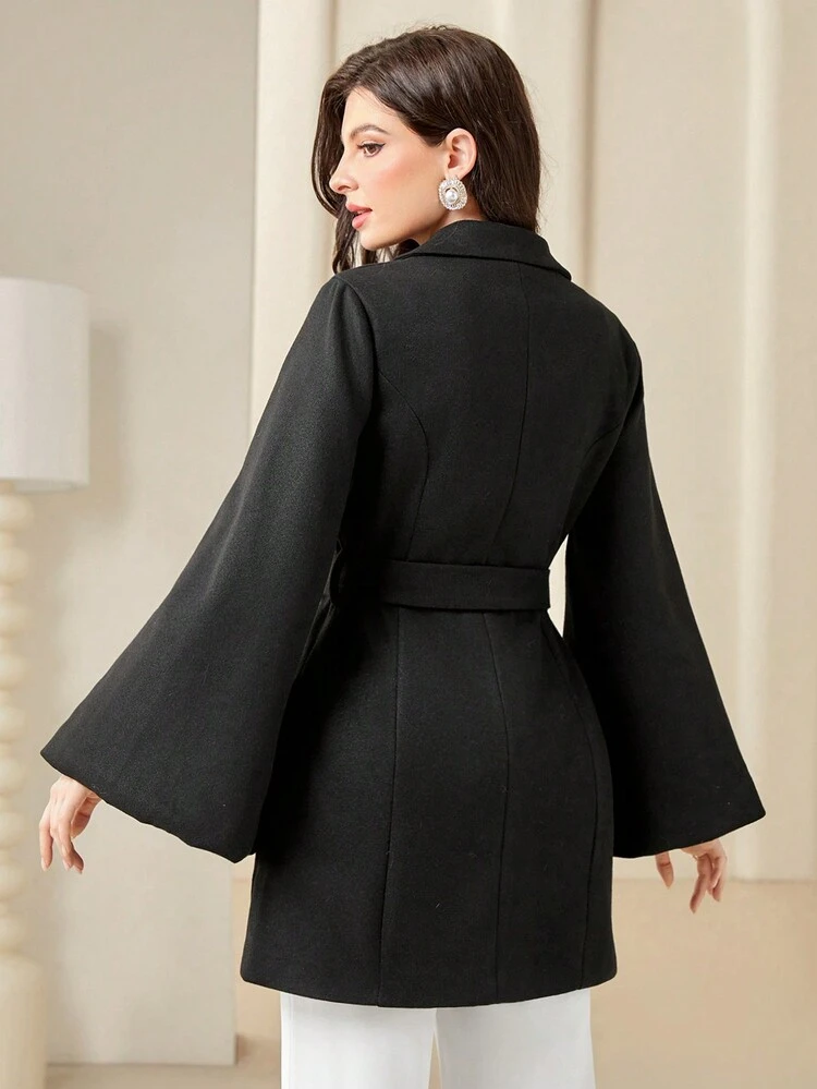 Women's Woolen Coat With Cape Sleeves, Lapel Collar, Double Breasted Buttons And A Waist Belt Fall Cloth For Women