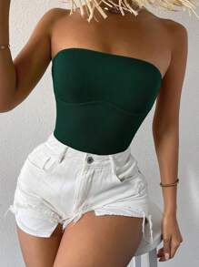 SHEIN Essnce Blusa Sin Tirantes De Color Sólido Para Damas - Verde Oscuro - Ver 1