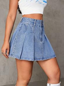 SHEIN ICON 高腰百褶下擺牛仔半身裙 - 中等水洗藍 - 查看 3