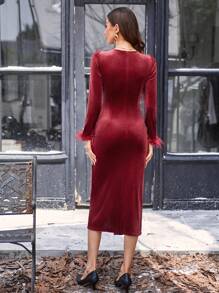 Aveloria Square Neck Fuzzy Cuff Split Thigh Velvet Dress Fall Cloth For Women