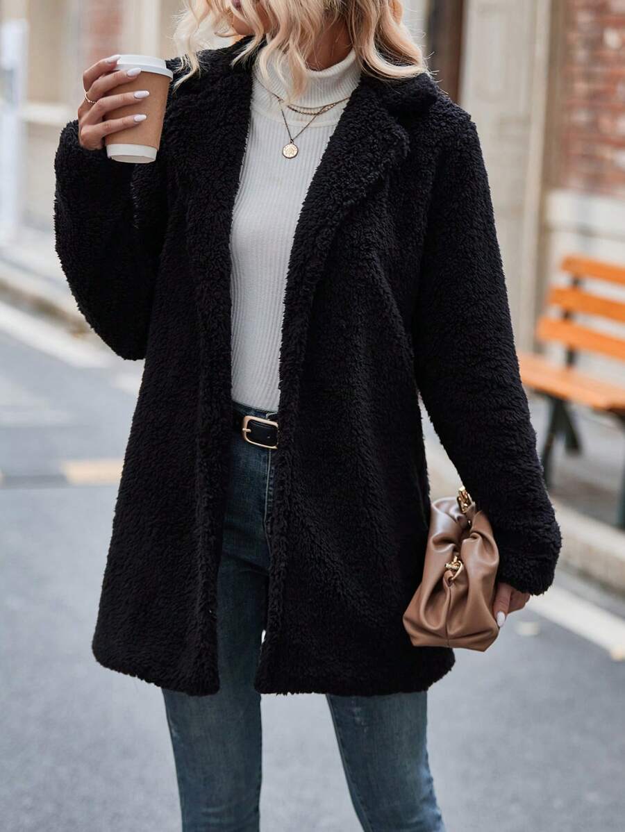 SHEIN Clasi Lapel Neck Belted Teddy Coat - Black - View 1