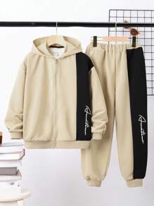 SHEIN Tween Boys Casual Color Block Cardigan Hoodie & Pants Matching With Round Neck Tee & Knitwear T-Shirt 3pcs Set - Khaki - View 6