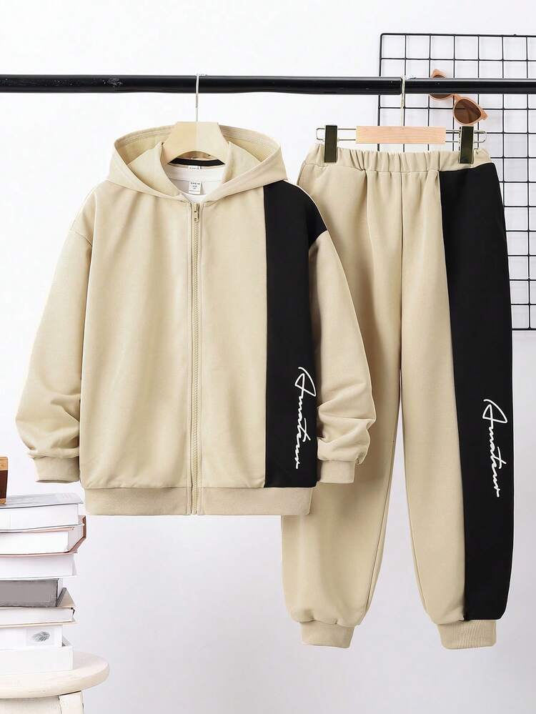 Tween Boys Casual Color Block Cardigan Hoodie & Pants Matching With Round Neck Tee & Knitwear T-Shirt 3pcs Set