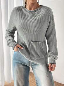 SHEIN EZwear Suéter De Punto Acanalado Con Cuello Redondo Para Mujer Con Diseño De Bolsillo Y Hombros Caídos