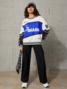 青少年女孩針織字母印花寬鬆套頭衫 - 彩色 - 查看 3