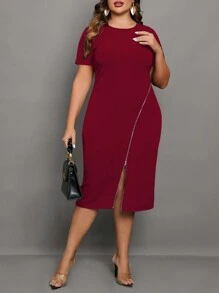 SHEIN Clasi Plus Zip Front Bodycon Dress - Red - View 3