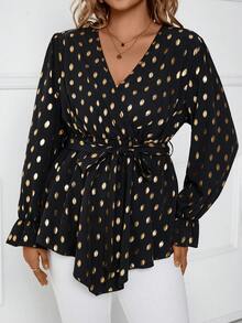 SHEIN Clasi 女性加大尺寸腰帶v領上衣 - 黑色 - 查看 3