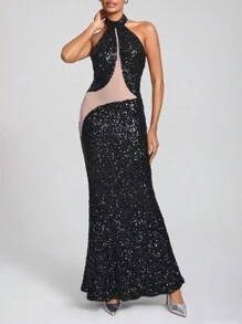 FURNANDA 设计师对比色网眼闪亮亮片吊带连衣裙，夏季优雅连衣裙，适合节日、派对、生日服装、节日、婚礼、舞会礼服 - 黑色 - 查看 4