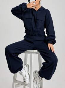 SHEIN Cottnline 2 Pieces Solid Color Drawstring Hooded Sweatshirt And Sweatpants Set - Navy Blue - View 5