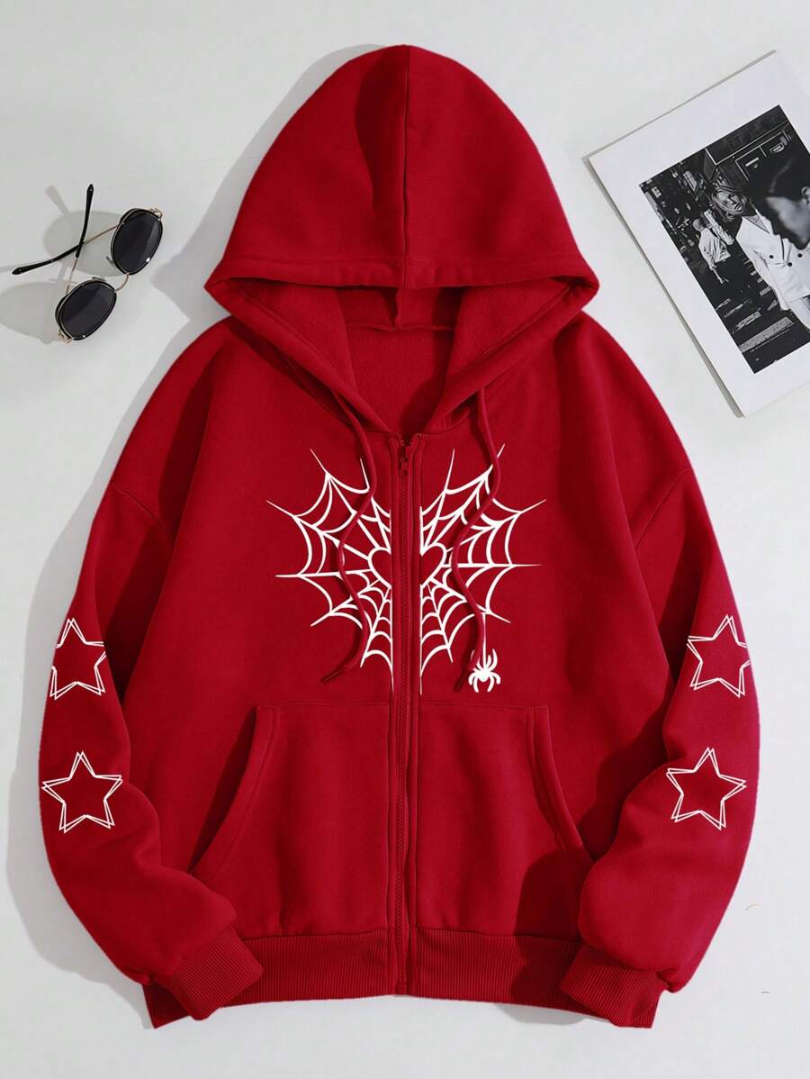 INAWLY In mạng nhện Dây kéo Dây rút Lót nhiệt Hoodie - Đỏ - Xem 1