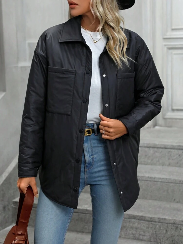 Drop Shoulder Snap Button Front Pocket Patched Padded Padded Coat Clothes Winter Fall Cloth For Women