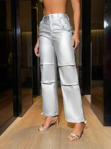 Zolique 女士时尚金属色抽绳腰工装裤 - 銀色 - 查看 6