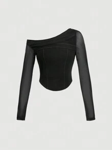 SHEIN MOD Asymmetrical Neck Contrast Stitch Mesh Sleeve Top